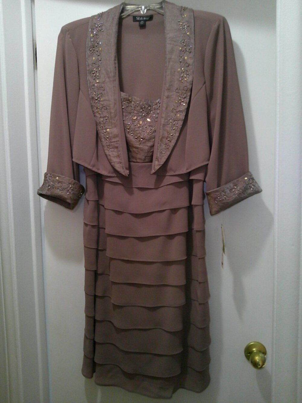 NWT SL Fashions 2-Pc Tiered Chiffon Jacket Dress Beaded Mocha Mushroom Size 18W
